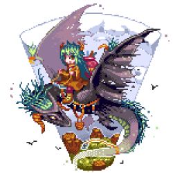 Rule 34 | 1girl, bad id, bad pixiv id, dragon, female focus, horns, lowres, original, pedoroiya, pixel art, riding, solo, white background, wings