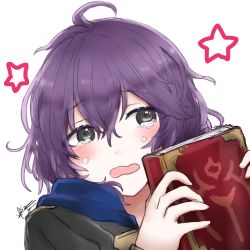 Rule 34 | 1girl, ahoge, bernadetta von varley, black eyes, blush, crying, fire emblem, fire emblem: three houses, hair between eyes, highres, holding, misato hao, nintendo, open mouth, portrait, purple hair, short hair, signature, simple background, solo, star (symbol), tears, wavy mouth, white background