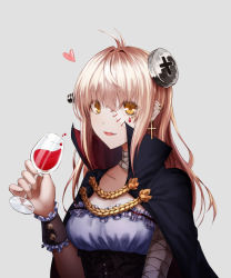 Rule 34 | 1girl, absurdres, ahoge, bad id, bad pixiv id, blonde hair, blush, breasts, brown eyes, closed mouth, collarbone, cross, cross earrings, cup, drinking glass, earrings, fang, heart, highres, jewelry, kimsw0522, long hair, looking at viewer, medium breasts, original, smile, solo, stitches, upper body, vampire, wine glass