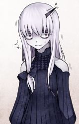 Rule 34 | 1girl, albino, aoshima, bare shoulders, black bow, black dress, bow, commentary request, dress, fate/grand order, fate (series), hair bow, horns, lavinia whateley (fate), long hair, long sleeves, looking at viewer, no pupils, polka dot, polka dot bow, purple eyes, ribbed dress, shaded face, single horn, solo, sweat, upper body