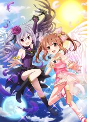 Rule 34 | 10s, 2girls, :d, angel wings, ascot, bow, braid, brown eyes, brown hair, feathered wings, feathers, flower, hair bow, hair flower, hair ornament, hair ribbon, highres, holding, idolmaster, idolmaster cinderella girls, kanzaki ranko, microphone, multiple girls, nichika (nitikapo), ogata chieri, open mouth, ribbon, rose, silver hair, smile, sparkle, twin braids, twintails, white wings, wings