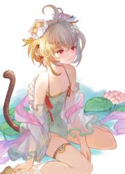 Rule 34 | 1girl, :3, andira (granblue fantasy), animal ears, antenna hair, bare shoulders, blonde hair, breasts, casual one-piece swimsuit, cleavage, closed mouth, collarbone, covered navel, detached sleeves, double bun, flower, granblue fantasy, hair bun, highres, lotus, monkey ears, monkey tail, mumu vosp, one-piece swimsuit, red eyes, see-through, see-through sleeves, short hair, sitting, small breasts, smile, solo, swimsuit, tail, wariza