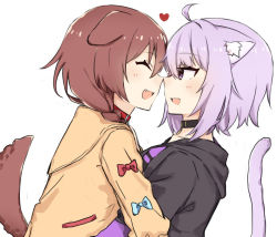 Rule 34 | 2girls, ahoge, animal ears, black collar, black hoodie, blue bow, bow, braid, brown hair, cat ears, cat girl, cat tail, collar, dog ears, dog girl, dog tail, facing another, female focus, heart, highres, hololive, hood, hood down, hoodie, inugami korone, inugami korone (1st costume), jacket, looking at another, multiple girls, nekomata okayu, nekomata okayu (1st costume), noses touching, profile, red bow, red collar, simple background, single braid, tail, toumori kanna, upper body, virtual youtuber, white background, yellow jacket, yuri