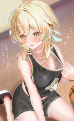 Rule 34 | 1girl, alternate costume, ball, bare shoulders, basketball (object), basketball uniform, black footwear, black shirt, black shorts, blonde hair, blush, bra, bra peek, clothes pull, commentary request, cropped legs, feather hair ornament, feathers, flower, genshin impact, gym shirt, gym shorts, hair flower, hair ornament, highres, kabu usagi, looking ahead, lumine (genshin impact), midriff, navel, open mouth, paid reward available, pulling own clothes, shirt, shirt pull, short hair with long locks, shorts, sitting, sleeveless, sleeveless shirt, smile, solo, sportswear, sweat, translation request, underwear, wariza, white bra, yellow eyes
