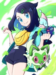 Rule 34 | 1girl, absurdres, aqua eyes, aruke (gter7727), black hair, black shorts, closed mouth, commentary request, cowlick, creatures (company), eyelashes, falling leaves, game freak, gen 8 pokemon, green jacket, hair ornament, hairclip, hatenna, highres, hood basket, jacket, leaf, liko (pokemon), looking down, nintendo, open clothes, open jacket, pokemon, pokemon (anime), pokemon (creature), pokemon horizons, shirt, shorts, smile, split mouth, sprigatito, terapagos, terapagos (normal), white background, white shirt, yellow bag