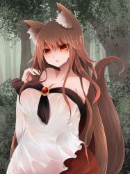 Rule 34 | 1girl, animal ears, arano oki, bare shoulders, blush, breasts, brooch, brown hair, cleavage, curvy, dress, female focus, highres, imaizumi kagerou, jewelry, large breasts, long hair, long sleeves, looking at viewer, open mouth, red eyes, see-through, solo, tail, touhou, wet, wet clothes, wide hips, wolf ears, wolf tail