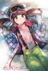 Rule 34 | 1girl, :o, blush, brown eyes, brown hair, commentary request, cowboy shot, goggles, goggles on head, green pants, hands up, hat, highres, idolmaster, idolmaster cinderella girls, jacket, kiyosato 0928, long hair, long sleeves, looking at viewer, lying, ogata chieri, on back, open clothes, open jacket, pants, parted lips, pink sweater, ribbed sweater, sidelocks, solo, sweater, turtleneck, turtleneck sweater, twintails, unmoving pattern, white hat, white jacket, winter clothes