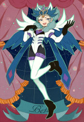 Rule 34 | 1girl, alternate costume, beta (inazuma eleven), black gloves, boots, character name, gloves, green hair, inazuma eleven, inazuma eleven (series), inazuma eleven go, inazuma eleven go chrono stone, l hakase, open mouth, pantyhose, purple eyes, smile, solo, thighhighs, wings