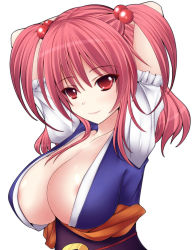 Rule 34 | 1girl, areola slip, arms up, bad id, bad pixiv id, breasts, cleavage, female focus, hair bobbles, hair ornament, huge breasts, mikan (5555), onozuka komachi, red eyes, red hair, short hair, smile, solo, touhou, twintails, two side up