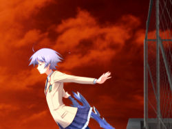 Rule 34 | 00s, 1girl, black pantyhose, blue skirt, chaos;head, closed eyes, holding, holding sword, holding weapon, kishimoto ayase, pantyhose, pleated skirt, rooftop, school uniform, short hair, silver hair, skirt, sky, solo, suicide, sword, tears, weapon