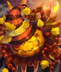 Rule 34 | alternate costume, artist request, card (medium), chaos online, crescent moon, eyepatch, halloween, hat, jack-o&#039;-lantern, leaf, moon, no humans, official art, pluto (chaos online), pumpkin, solo, stitches, witch hat
