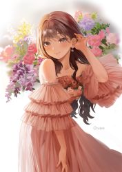 Rule 34 | 1girl, adjusting hair, artist name, ay6as, blush, breasts, brown eyes, brown hair, collarbone, commentary, cowboy shot, dress, dress flower, earrings, floral background, flower, frilled sleeves, frills, hair over breasts, hair over shoulder, hand in own hair, hand on own thigh, hand up, highres, hydrangea, jewelry, lavender (flower), long dress, long hair, looking at viewer, medium breasts, original, pink dress, resolution mismatch, rose, smile, solo, source smaller, strapless, strapless dress, tulip