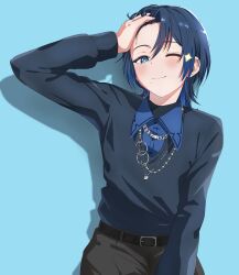 Rule 34 | 1girl, absurdres, belt, blue background, blue eyes, blue hair, blue sweater, blush, chain, chain necklace, earclip, flat chest, grey pants, hair between eyes, hand in own hair, hand on own head, highres, hiodoshi ao, hololive, hololive dev is, jewelry, knew nothing, looking at viewer, medium hair, mole, mole under mouth, necklace, one eye closed, pants, regloss (hololive), smile, solo, sweater, virtual youtuber