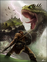 Rule 34 | 1boy, back, battle, bird, boots, brown hair, cloud, cloudy sky, highres, lightning, machete, male focus, monster, nature, open mouth, original, outdoors, plant, polearm, ponytail, shield, topless male, short hair, sky, solo, spear, tongue, tongue out, turtle, water, weapon