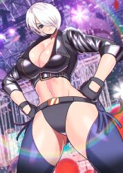 Rule 34 | 1girl, akisu k, angel (kof), blue eyes, boots, bra, breasts, chaps, cleavage, cropped jacket, horns pose, fingerless gloves, gloves, hair over one eye, index fingers raised, jacket, large breasts, leather, leather jacket, looking at viewer, midriff, snk, strapless, strapless bra, the king of fighters, the king of fighters xiv, toned, underwear, white hair