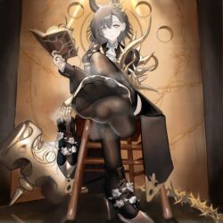 Rule 34 | 1girl, absurdres, arknights, ascot, black dress, black nails, black thighhighs, blurry, blurry background, book, braid, braided ponytail, brown eyes, chair, closed eyes, depth of field, dress, feet, foot focus, foreshortening, greek toe, grey hair, hair over shoulder, highres, holding, holding book, indoors, knee up, looking at viewer, nail polish, no shoes, parted bangs, penance (arknights), shoes, single shoe, sitting, smell, soles, solo, spread toes, steaming body, suiryuu (18559651), thighhighs, toes, white ascot