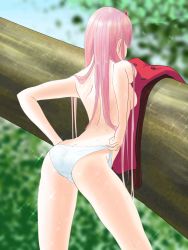 Rule 34 | 10s, 1girl, adjusting clothes, adjusting panties, ass, back, bad id, bad pixiv id, bonephysics, breasts, butt crack, darling in the franxx, highres, horns, long hair, panties, pink hair, solo, topless, underwear, very long hair, wedgie, wet, wet hair, zero two (darling in the franxx)