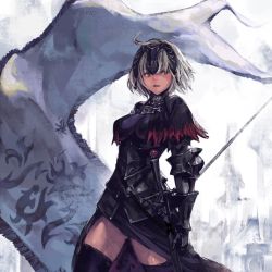 Rule 34 | 1girl, banner, black dress, black thighhighs, breasts, building, chain, commentary request, dress, fate/grand order, fate (series), flag, gauntlets, headpiece, holding, holding flag, jeanne d&#039;arc (fate), jeanne d&#039;arc alter (avenger) (fate), jeanne d&#039;arc alter (fate), kazama raita, open mouth, short hair, silver hair, solo, standing, sword, thighhighs, tsurime, weapon, white background, yellow eyes