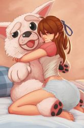 Rule 34 | 1girl, blue ribbon, brown hair, diaper, hug, ribbon, stuffed animal, stuffed toy