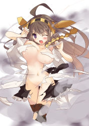 Rule 34 | 10s, 1girl, ahoge, bad id, bad pixiv id, blush, brown hair, censored, convenient censoring, exploding clothes, hairband, kantai collection, kongou (kancolle), long hair, navel, open mouth, personification, purple eyes, smoke, solo, thigh gap, thighhighs, torn clothes, wince, yoshiwo