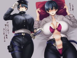 Rule 34 | 1girl, belt, black hair, black headwear, black jacket, black pants, blue belt, blush, bra, breasts, buttons, cleavage, collarbone, collared shirt, commentary request, cowboy shot, crop top, crop top overhang, earrings, gakuran, gloves, gluteal fold, grey background, hair between eyes, hat, hikari (komitiookami), holding, holding clothes, holding hat, holding pillow, huge breasts, jacket, jewelry, katana, long sleeves, looking at viewer, lying, midriff, multiple views, navel, nose blush, on back, on bed, open clothes, open mouth, open pants, open shirt, original, panties, pants, pillow, pouch, purple bra, purple panties, school uniform, shaded face, sheath, sheathed, shirt, short hair, sidelocks, simple background, standing, stomach, stud earrings, sword, thigh pouch, thigh strap, tomboy, translation request, unbuttoned, underwear, weapon, white gloves, white shirt, yellow eyes