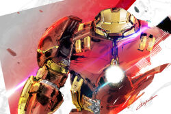 Rule 34 | armor, artist name, debris, glowing, glowing chest, glowing eyes, hulkbuster, ikuyoan, iron man, iron man (series), joints, looking at viewer, machine, marvel, marvel cinematic universe, mecha focus, power armor, power suit, robot joints, solo, upper body