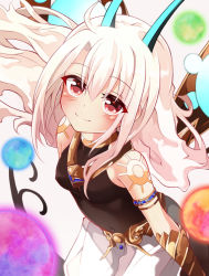 Rule 34 | 1girl, arjuna (fate), arjuna alter (fate), arjuna alter (fate) (cosplay), armlet, baggy pants, bare shoulders, black tank top, blush, bracer, breasts, cosplay, covered navel, fate/grand order, fate/kaleid liner prisma illya, fate (series), gold trim, highres, horns, illyasviel von einzbern, jewelry, long hair, looking at viewer, mochi (k620803n), neck ring, necklace, orb, pants, red eyes, shirt, sleeveless, small breasts, smile, solo, tail, tank top, white hair, white pants