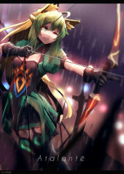 Rule 34 | 1girl, absurdres, ahoge, animal ears, arrow (projectile), artist name, atalanta (fate), black gloves, blonde hair, bow (weapon), breasts, character name, drawing bow, fate/apocrypha, fate/grand order, fate (series), gar32, garter straps, gloves, green eyes, green hair, hair between eyes, highres, holding, holding bow (weapon), holding weapon, letterboxed, long hair, multicolored hair, one eye closed, small breasts, solo, thighhighs, thighs, weapon