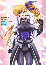 Rule 34 | 1girl, armor, black bodysuit, blonde hair, bodysuit, breasts, cowboy shot, cropped jacket, faulds, gluteal fold, green eyes, hair ribbon, heterochromia, highres, jacket, large breasts, long hair, long sleeves, lyrical nanoha, mahou shoujo lyrical nanoha strikers, mahou shoujo lyrical nanoha vivid, aged up, open mouth, red eyes, ribbon, san-pon, side ponytail, solo, standing, taut clothes, vivio, waist cape