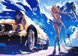 Rule 34 | 1girl, berryverrine, blonde hair, blue sky, car, car wash, cloud, commentary, cutoffs, denim, denim shorts, english commentary, hand on own head, hose, lens flare, ligne claire, long hair, motor vehicle, one eye closed, open fly, original, palm tree, shirt, short shorts, shorts, sky, soap bubbles, solo, standing, tied shirt, tree, washing vehicle