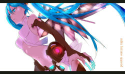 Rule 34 | 1girl, aqua eyes, aqua hair, aqua nails, bad id, bad pixiv id, breasts, bridal gauntlets, center opening, elbow gloves, fingernails, gloves, hatsune miku, hatsune miku (append), kisaragi (domino), letterboxed, long fingernails, long hair, mechanical wings, nail polish, navel, simple background, solo, thighhighs, twintails, very long hair, vocaloid, vocaloid append, wings