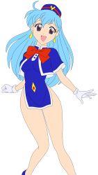 Rule 34 | 1990s (style), 1girl, absurdres, ass, blue footwear, blue hair, bow, breasts, crossed legs, dress, earrings, female focus, flight attendant, gloves, hand up, hat, highres, hip focus, jewelry, legs, long hair, looking to the side, medium breasts, miniskirt, no panties, open mouth, purple eyes, red bow, retro artstyle, shoes, short dress, short sleeves, sitting, skirt, smile, solo, tenjouin katsura, thighs, third-party edit, transparent background, travel attendant, vector trace, white gloves, yat anshin uchuu ryokou