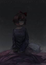 Rule 34 | 1girl, blue eyes, blue shirt, bow, clothes writing, commentary, dark, depressed, doki doki literature club, empty eyes, english commentary, english text, frown, hair between eyes, hair bow, indoors, long sleeves, looking away, looking to the side, pillow, pink hair, red bow, red headwear, sayori (doki doki literature club), shirt, short hair, sitting, sleeves past wrists, solo, takuyarawr, under covers