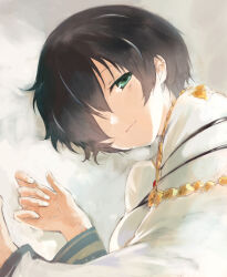 Rule 34 | 1girl, agulo, bed sheet, black hair, crook mofus, dress, gold necklace, green eyes, hair over one eye, highres, jewelry, long sleeves, looking at viewer, lying, necklace, rance (series), rance quest, shirt, short hair, smile, white dress, white shirt