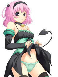 Rule 34 | 1girl, bad id, bad pixiv id, bare shoulders, blush, breasts, cameltoe, choker, cleavage, clothes lift, collar, demon tail, detached sleeves, dress, dress lift, female focus, green panties, hairband, highres, lifting own clothes, midriff, momo velia deviluke, navel, open mouth, orange (satsurikukuma), panties, pink hair, purple eyes, short hair, simple background, skirt, skirt lift, solo, striped clothes, striped thighhighs, tail, thighhighs, to love-ru, underwear, white background
