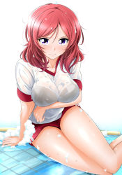 Rule 34 | 1girl, arm support, breasts, buruma, closed mouth, collarbone, commentary request, foam, gym uniform, highres, kirisaki reina, large breasts, love live!, love live! school idol project, nishikino maki, purple eyes, red buruma, red hair, short hair, short sleeves, simple background, solo, thighs, wet, wet clothes, wet hair, white background