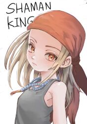 Rule 34 | 1girl, absurdres, armpit peek, bandana, bead necklace, beads, black dress, blonde hair, breasts, brown eyes, commentary request, copyright name, dress, highres, jewelry, kyouyama anna, long hair, necklace, red bandana, reo (salmomomon), shaman king, small breasts, solo