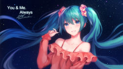 Rule 34 | 1991 (blz), 1girl, bare shoulders, blue eyes, blush, collarbone, commentary request, english text, fingernails, green hair, grin, hair between eyes, hair ornament, hair scrunchie, hand up, hatsune miku, head tilt, long sleeves, night, night sky, off-shoulder shirt, off shoulder, red scrunchie, red shirt, scrunchie, shirt, signature, sky, smile, solo, star (sky), starry sky, twintails, vocaloid
