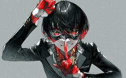 Rule 34 | 1boy, absurdres, black hair, black jacket, brass knuckles, chogakusei, clenched hand, collared shirt, domino mask, finger to mouth, formal, gloves, grey background, half gloves, hand gesture, hands up, highres, indie utaite, jacket, jewelry, looking at viewer, male focus, mask, multicolored hair, mura karuki, music, necklace, necktie, open mouth, original, pearl necklace, portrait, print necktie, red eyes, red gloves, red shirt, shirt, short hair, smirk, studded gloves, studded mask, suit, tuxedo, two-tone hair, utaite, very short hair, weapon