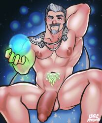 Rule 34 | 1boy, abs, bara, cape, energy ball, facial hair, feet out of frame, foreskin, girthy penis, goatee, half-erect, highres, king magnifico, large pectorals, looking at viewer, lyu-beh (luberaccoon), male focus, mature male, muscular, muscular male, naked cape, navel, nipples, pectorals, penis, seductive smile, shaved body, short hair, smile, smirk, smug, spread legs, stomach, stomach tattoo, tattoo, thick eyebrows, thighs, wish (disney)