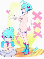 Rule 34 | 1girl, absurdres, aetherion, ahoge, aqua eyes, aqua hair, blush, blush stickers, boots, breasts, breasts on tray, cleft of venus, embarrassed, full body, high heel boots, high heels, highres, maid headdress, medium breasts, multicolored eyes, multiple views, nipples, nude, original, pink eyes, puffy short sleeves, puffy sleeves, pussy, short hair, short sleeves, space girl (aetherion), standing