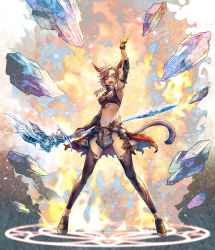 Rule 34 | 1girl, absurdres, animal ears, arm up, black legwear, black mage (final fantasy), blue eyes, bracelet, breasts, brown hair, cat ears, cat tail, facial mark, final fantasy, final fantasy xiv, glasses, halterneck, highres, holding, holding staff, jewelry, magic circle, medium breasts, midriff, miqo&#039;te, navel, open mouth, short hair, shukei, slit pupils, solo, staff, standing, tail, warrior of light (ff14), whisker markings