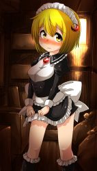 Rule 34 | 1girl, alternate costume, apron, blonde hair, blush, clothes lift, crescent, embarrassed, enmaided, female focus, harusame (unmei no ikasumi), long sleeves, looking at viewer, lunasa prismriver, maid, maid apron, maid headdress, miniskirt, ribbon, short hair, skirt, skirt lift, solo, touhou, wavy mouth, yellow eyes