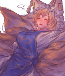 Rule 34 | 1girl, blonde hair, breasts, closed eyes, fang, fox tail, hat, highres, large breasts, masanaga (tsukasa), mob cap, multiple tails, open mouth, short hair, simple background, sleeping, solo, tabard, tail, touhou, white background, yakumo ran