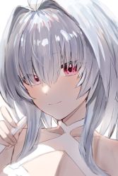 Rule 34 | 1girl, ahoge, bare shoulders, closed mouth, collarbone, fate (series), grey hair, hair between eyes, hair intakes, highres, holding, horn/wood, lady avalon (fate), lady avalon (second ascension) (fate), long hair, looking at viewer, merlin (fate/prototype), portrait, red eyes, simple background, smile, solo, white background