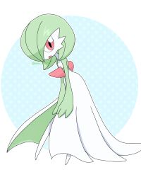 Rule 34 | 1girl, absurdres, artist name, blue background, bob cut, colored skin, creatures (company), female focus, flat chest, from side, full body, game freak, gardevoir, gen 3 pokemon, green hair, green skin, hair over one eye, highres, leaning forward, looking at viewer, meru (mer milky77), multicolored skin, nintendo, one eye covered, open mouth, outline, own hands together, pokemon, pokemon (creature), polka dot, polka dot background, red eyes, short hair, signature, solo, standing, twitter username, two-tone skin, v arms, white outline, white skin