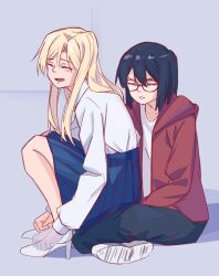 Rule 34 | 2girls, black hair, black pants, blonde hair, blue skirt, closed eyes, closed mouth, collared shirt, commentary, egakuning, english commentary, full body, glasses, high heels, highres, hood, hoodie, kamikoshi sorawo, long hair, long sleeves, multiple girls, nishina toriko, on floor, open clothes, open hoodie, open mouth, pants, photo-referenced, pleated skirt, red hoodie, shirt, short hair, sitting, sitting on lap, sitting on person, skirt, smile, transparent hand, urasekai picnic, white footwear, white shirt