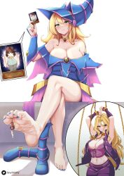 Rule 34 | 3girls, armpits, arms up, bare shoulders, barefoot, belt, blonde hair, blue footwear, blush, boots, bound, breasts, brown hair, card, choker, cleavage, collarbone, dark magician girl, duel monster, feet, green eyes, hair between eyes, hat, highres, kujaku mai, large breasts, long hair, looking at viewer, mazaki anzu, midriff, multiple girls, nail polish, navel, red eyes, restrained, short hair, skirt, sleeveless, smug, swept bangs, toes, vest, white background, wimmy, witch hat, yu-gi-oh!