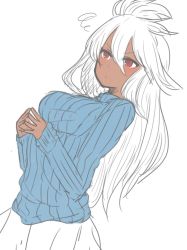 Rule 34 | 10s, 1girl, ahoge, blush, breasts, contemporary, dark-skinned female, dark skin, fingers together, flat color, granblue fantasy, hair between eyes, highres, long hair, long sleeves, malice stella, red eyes, ribbed sweater, simple background, skirt, sleeves past wrists, solo, squiggle, sweater, taut clothes, turtleneck, white background, white hair, white skirt, zooey (granblue fantasy)