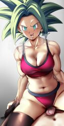 Rule 34 | 1boy, 1girl, bra, breasts, cleavage, dragon ball, faceless, faceless male, femdom, girl on top, highres, kefla (dragon ball), medium breasts, panties, penis, sitting, sitting on person, teasing, thigh sex, underwear